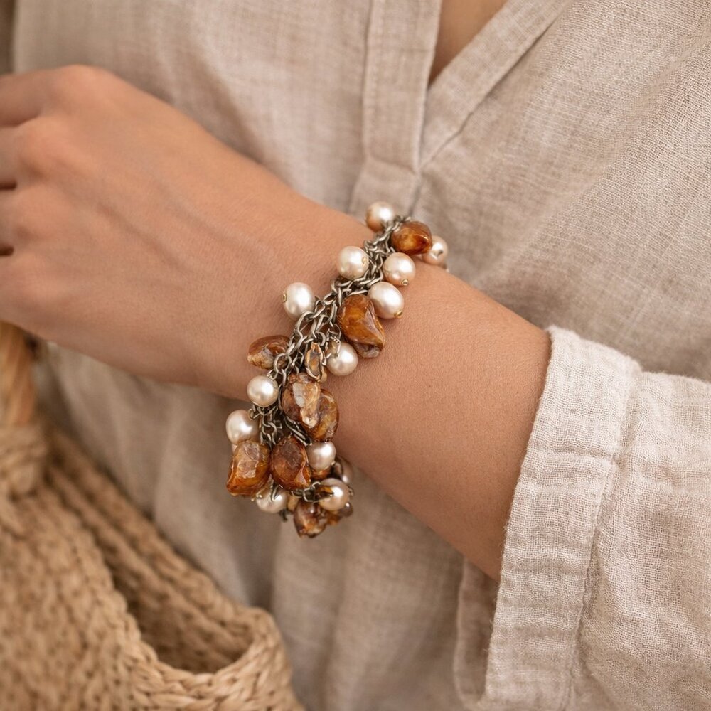 Artisan Pearl Shell Charm Bracelet Chunky Coastal Boho Statement Jewelry